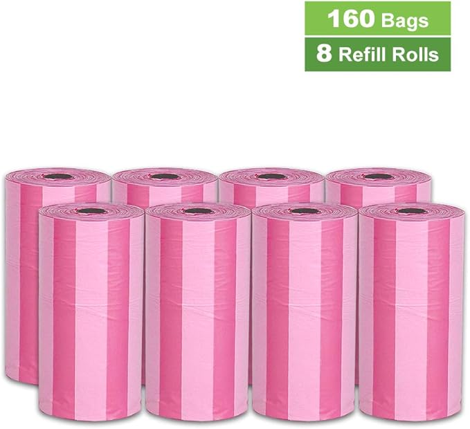 Parisian Pet Ecofriendly Dog Poop Bags Rolls - 160 Count Unscented Poop Bags For Dogs - Leakproof, Extra Thick, 8 Dog Waste Bags Refill Rolls - Striped Pink Doggie Poop Bags - Fits All Dispenser