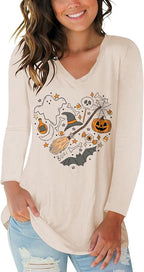 Tobrief Women's Long Sleeve V-Neck Shirts Fall Graphic Tees Loose Casual T-Shirt
