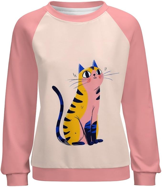 Abstract Cute Cat Shirts for Women Long Sleeve Lady Crewneck Pullover Sweatshirt Fall Winter Oversized Tops