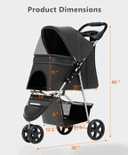 Pet Stroller with 3 Wheels for Small/Medium Pets, Portable Travel Foldable Carrier Jogger for Dog Cat Puppy Kitty, Rear Wheel Breaks, Storage Basket, Visible Mesh with Weather Cover (Black)