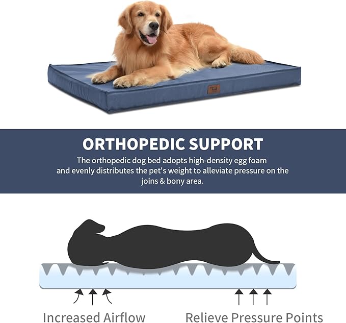 Large Outdoor All Weather Dog Bed, Waterproof Dog Bed for Large Dogs, Orthopedic Egg Crate Foam Pet Bed with Washable Removable Oxford Cooling Cover, 36x27 Inch, Navy