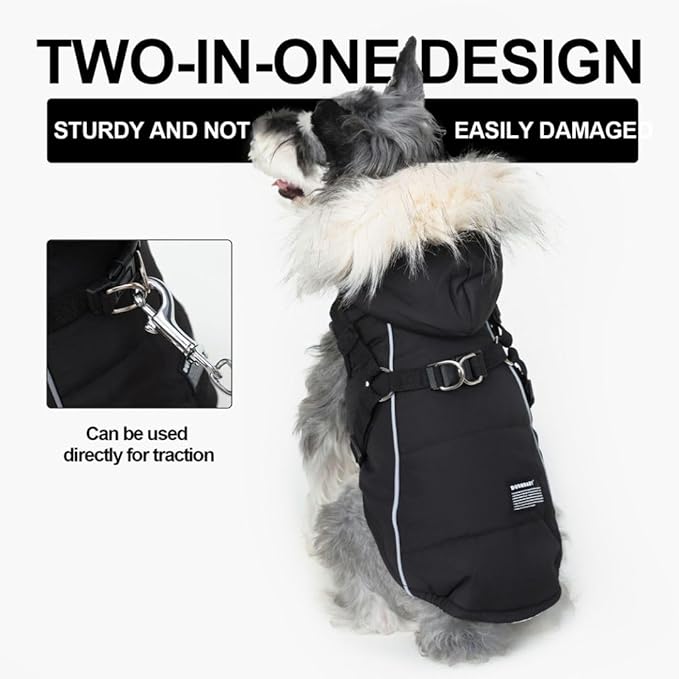 PINA Faux Fur Dog Coat - Warm Winter Jacket with Waterproof Fabric, Reflective Strap for Small to Large Dogs, Black