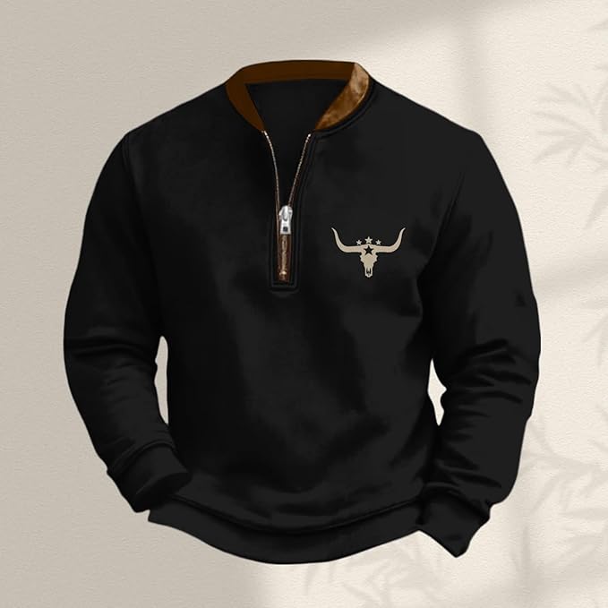 HOTYD Aztec Cowboy Jacket Men Vintage Bullhorn Printed Oversized Western Sweatshirt Long Sleeve Quarter Zip Pullover