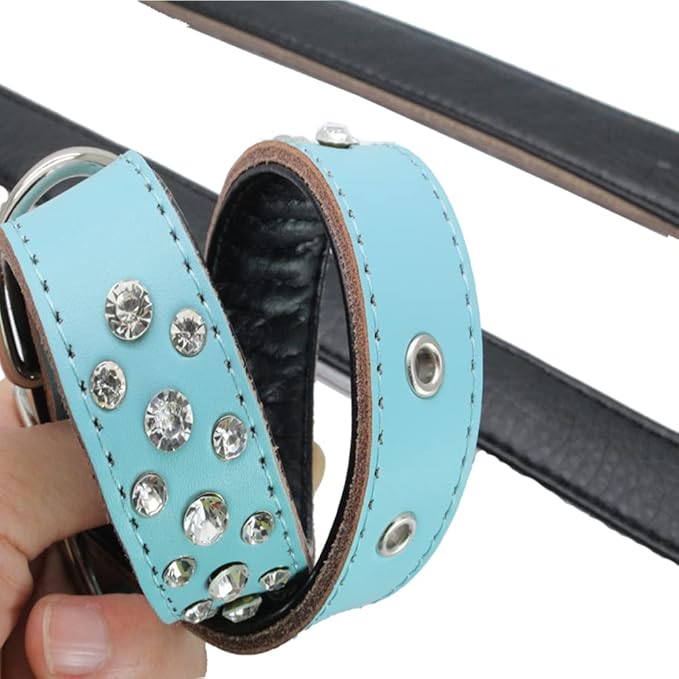 Rhinestones Dog Collar, Adjustable Sparkly Crystal Studded Genuine Leather Pet Dog Collar for Small and Medium Dogs (L, Blue)