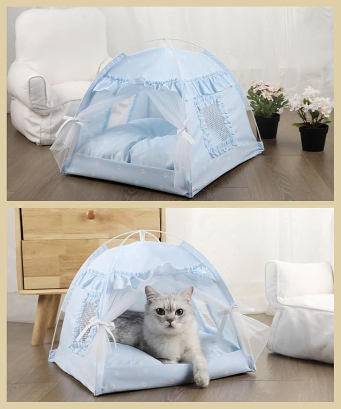 Cat Bed Tents Dog House Indoor Outdoor Lace Mesh Breathable Windows Door Curtains Removable Portable Nest Teepe House (Small,Blue)