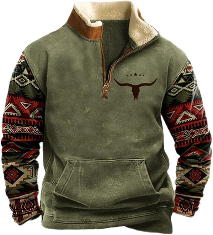 HOTYD Western Jackets for Men Cowboy Sweatshirts Vintage Ethnic Graphic Casual Long Sleeve Top 1/4 Zip Pullover Hoodies