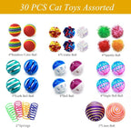 LASOCUHOO Cat Toys Kitten Assortment - Rainbow, Crinkle, Sparkle, Bell & Sisal Balls for All Cats - 30 Packs