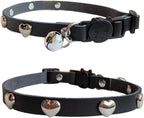 Spiked Cat Collar with Bells, Breakaway Genuine Leather Protective Collar for Kitty, Studs Spikes Punk Style, Heart Pattern, Adjustable for Girl Boy Kittens Small Bunny Rabbit, 8"-9.5" Black