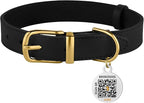 BRONZEDOG Leather Dog Collar with QR ID Tag Basic Pet Collars for Small Mini Dogs Cats Puppies (7-9 Inch (Pack of 1), Black & Gold Buckle)