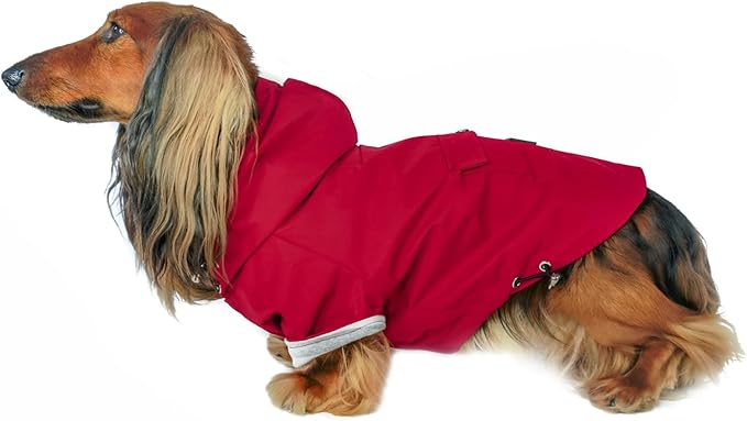 DJANGO Highland Dog Jacket & Raincoat – Water-Repellent, Lined Dog Coat with Hood, Adjustable Fit & Harness Hole – Lightweight Rain & Wind Jacket for Small & Medium Dogs up to 30 lbs (Red, Small)