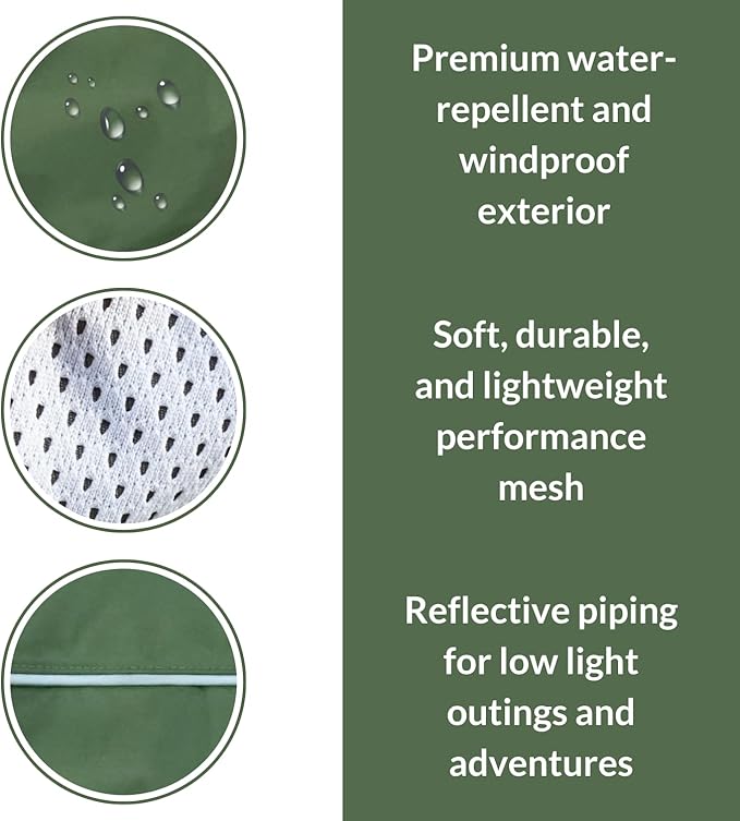 DJANGO Dog Jacket & Raincoat – Lightweight Water-Resistant Coat for Small, Medium & Long Dogs Like Dachshunds – Reflective, Adjustable Fit, Harness-Compatible & Easy-Access Harness Hole - Green Medium