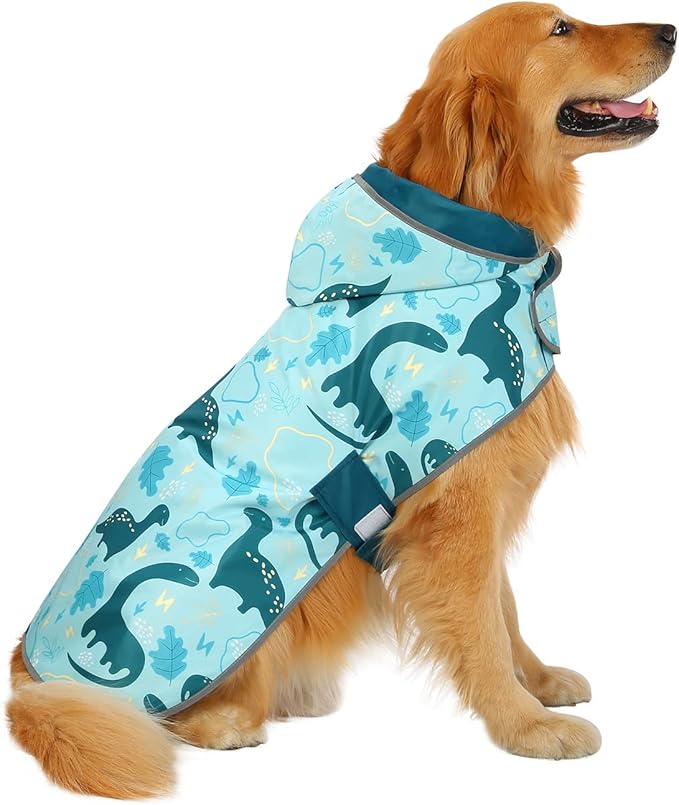 HDE Reversible Dog Raincoat Hooded Slicker Poncho Rain Coat Jacket for Small Medium Large Dogs Dinosaurs - L