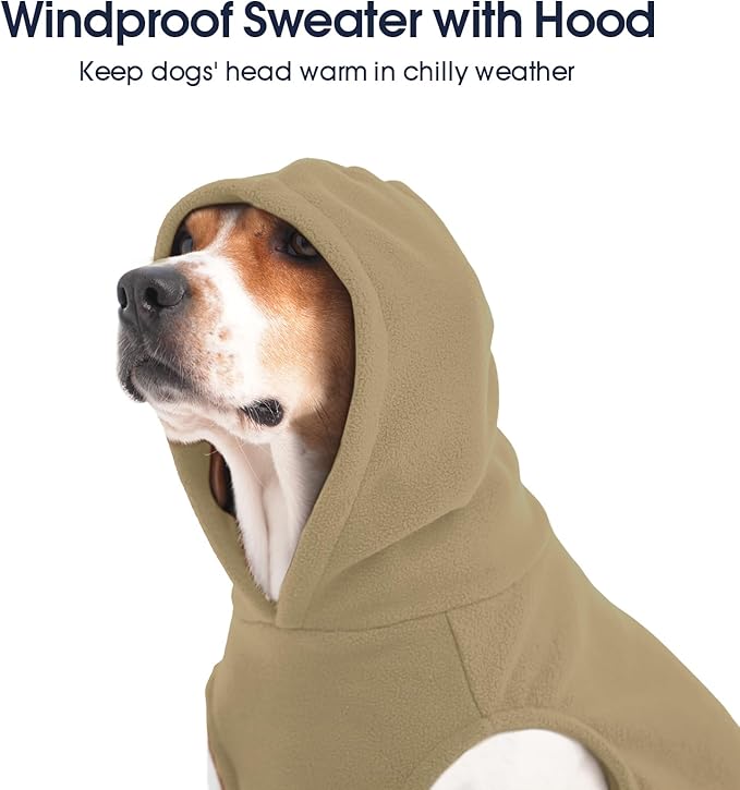 IECOii Warm Dog Hoodie for Large Dogs, Extra Large Dog Hoodie Fleece Vest with Leash Hole & Pocket, Big Dogs Sweatshirt for Giant Breed, Pullover Sleeveless Doberman, Great Dane Sweater, Khaki, 4XL