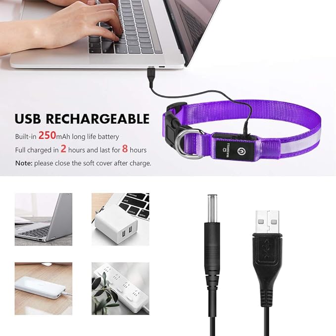 MASBRILL Light Up Collar, LED Rechargeable Glow Flashing Night Collar, Waterproof, 4 Colors, 3 Sizes for Small to Large Dogs (S(0.98 * 15.75"), Purple)
