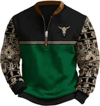 HOTYD Aztec Cowboy Jacket Men Vintage Bullhorn Printed Oversized Western Sweatshirt Long Sleeve Quarter Zip Pullover