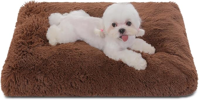 Bedfolks Waterproof Crate Bed, Plush Pad With Removable Cover, Faux Fur for Small Dogs and Cats, Fluffy Washable Kennel Bed 17"x12", Solid Brown