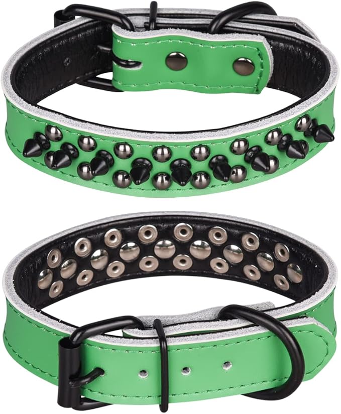 Adjustable Genuine Leather Spiked Studded Dog Collars for Small Medium Large Pets Like Pit Bull Bulldog Pugs Husky (M, Green1)