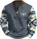 HOTYD Aztec Cowboy Jacket Men Vintage Bullhorn Printed Oversized Western Sweatshirt Long Sleeve Quarter Zip Pullover