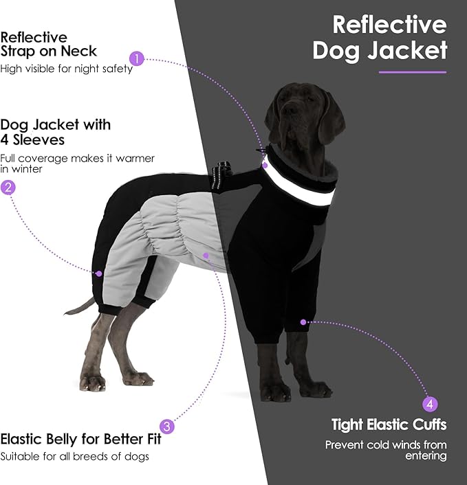 SUNFURA Full Body Dog Coat - Warm Fleece Jacket for Extra Large Dogs, Turtleneck Winter Coats with Harness, Reflective Dog Snowsuit Windproof Puffer Jackets with Legs for Great Dane, Black 3XL
