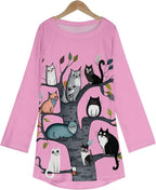 Womens Tunic Shirt Cute Cat Print Long Sleeve Round Neck Women T Shirts Cotton Casual Plus Size Vacation Tunics Tops