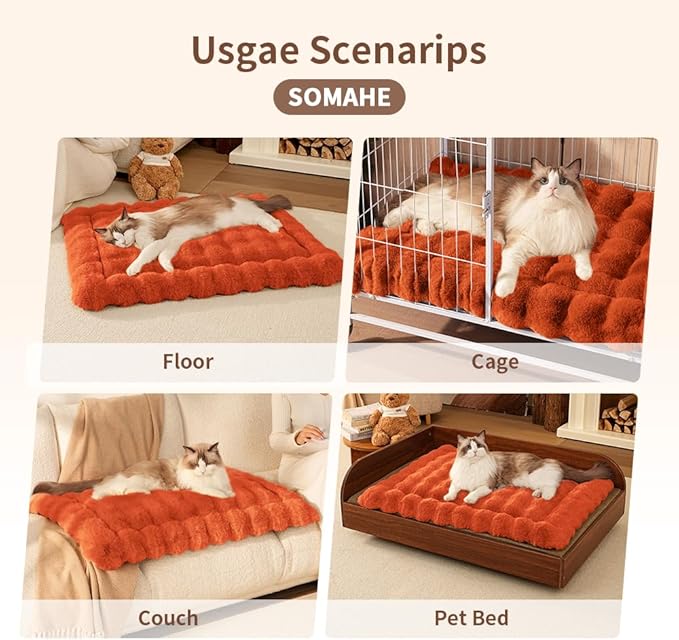 Cat Beds for Indoor Cats Faux Fur Pet Pad Mat Plush Kitten Bed with Non-Slip Bottom for Carriers/Couch Dog & Puppy Friendly 35 x 27 Inch X-Large Orange
