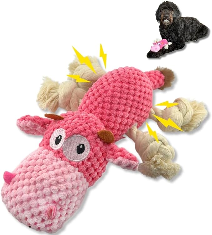 Large Dog Toy - Pink Cow Squeaky Dog Toys for Large Dogs, Medium and Small Dogs. Interactive with Pineapple Plush Fabric, Rope Legs, Hidden Seams, Reinforced Stress Points