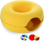 Large Cat Tunnel Bed for Indoor Cats with 3 Toys, Scratch Resistant Donut Cat Bed, Up to 30 Lbs (L 24x24x11, Yellow)