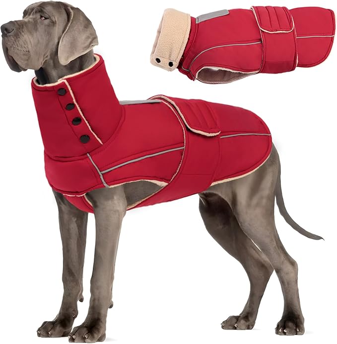 ASENKU Warm Dog Coat, Waterproof Dog Jackets for Large Dogs with Reflective Fleece Vest Turtleneck with Button,Windproof Cold Weather Coats for Small Medium Large Dogs, Dark Red, 4XL