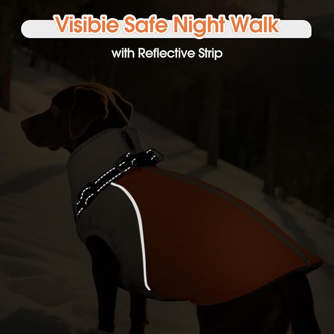 DENTRUN Dog Coat with Harness Built in, Windproof Water-Repellent Winter Dog Jacket with Reflective Strips & Fleece Lined, Plush Turtle Neck for Small Dogs, Orange, XS