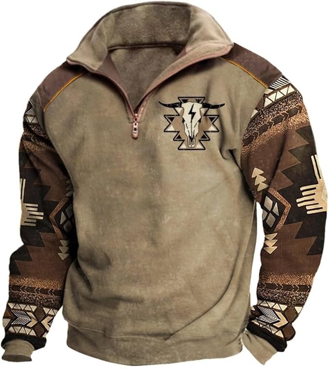 HOTYD Aztec Cowboy Mens Hoodie Vintage Graphic Western Hoodies Casual Long Sleeve 1/4 Zip Pullover Mens Country Jacket