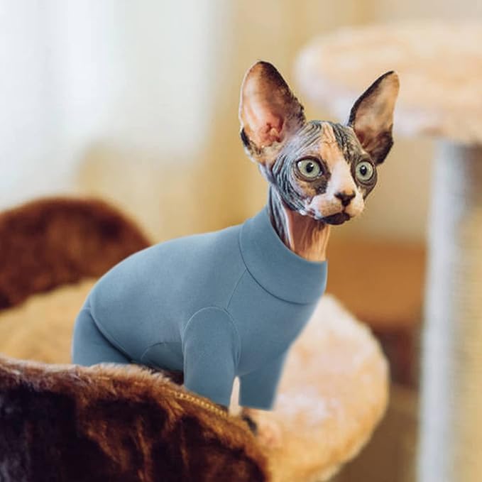 ROZKITCH Sphynx Cat Shirt, Breathable Soft Jumpers for Hairless Cats Only, Coat with Four Legs, Warm Sweater T-Shirt Pajamas Jumpsuit Vest Cornish Rex, Devon Rex, Peterbald Blue L