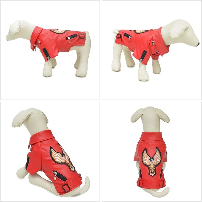 Lovelonglong Cool Dog Leather Jacket, Warm Coats Dogs Windproof Cold Weather Coats for Large Medium Small Dogs with Eagle Embroidery Red S