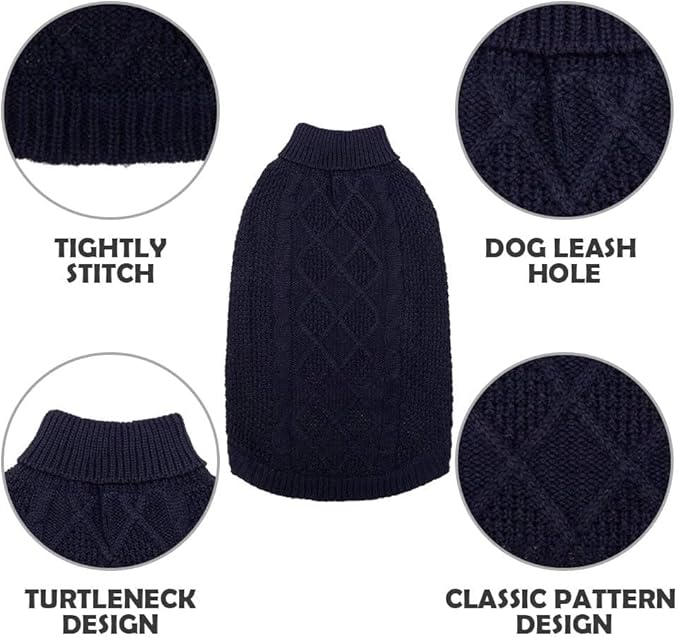 Mihachi Turtleneck Dog Sweater - Winter Coat Apparel Classic Cable Knit Clothes with Leash Hole for Cold Weather, Ideal Gift for Pet in New Year Navy Blue 3XL