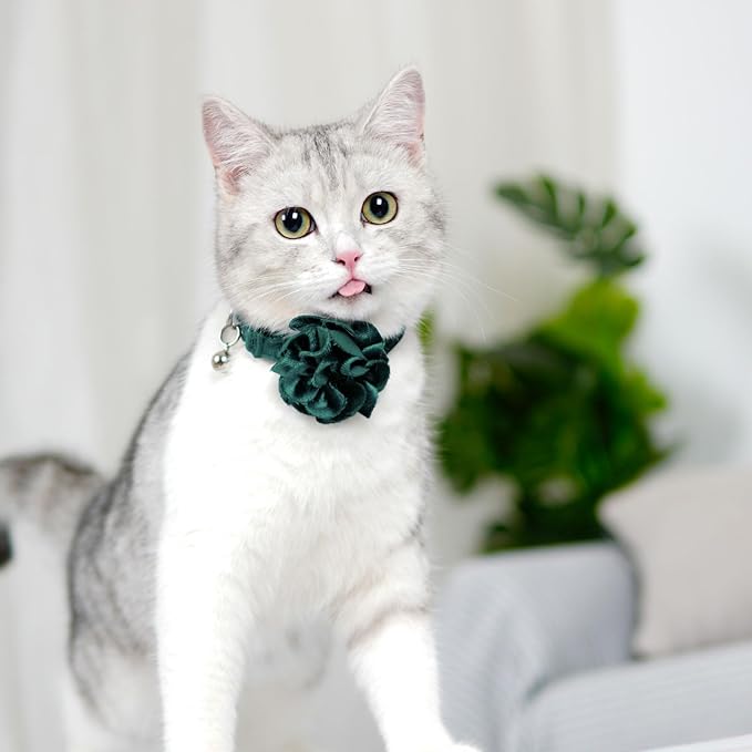 azuza 2 Pack Cat Collar Floral with Bell and Removable Flower Bowtie Breakaway Adjustable Velvet Fabric Cat Collar for Pets and Daily Decoration, Christmas Green & Light Green