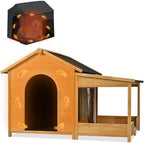 Merax 60.2" Wooden Dog House Outdoor with Insulated Liner for Winter, Extra Large Breed Outside Kennel with Weatherproof, Asphalt Roof, Elevated Floor, Fencing and Porch, for Medium & Large Dogs