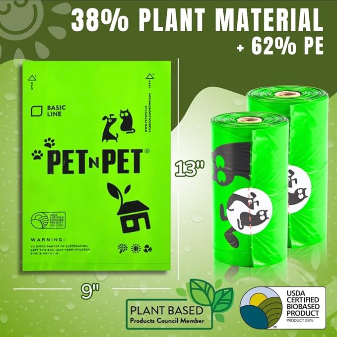 Pet N Pet 1080 Counts Poop Bags for Dogs, 41% Plant Based & 59% PE Extra Thick, Green Dog Poop Bags Rolls, 9" x 13", Unscented Pet Waste Bag