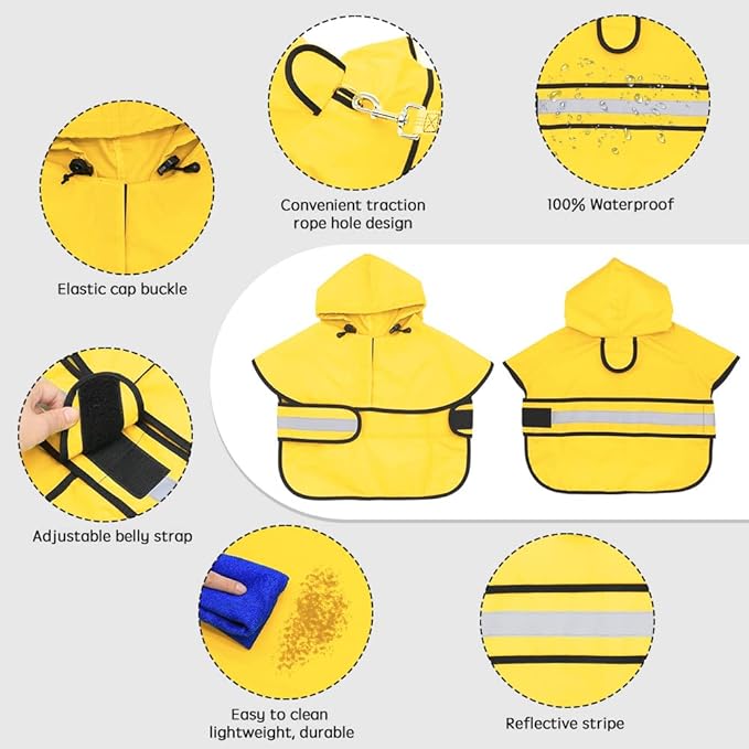Candofly Dog Raincoat, Waterproof Reflective Pet Rain Jacket with Leash Hole, Hooded Puppy Poncho Slicker for Medium Dogs (Medium, Yellow)