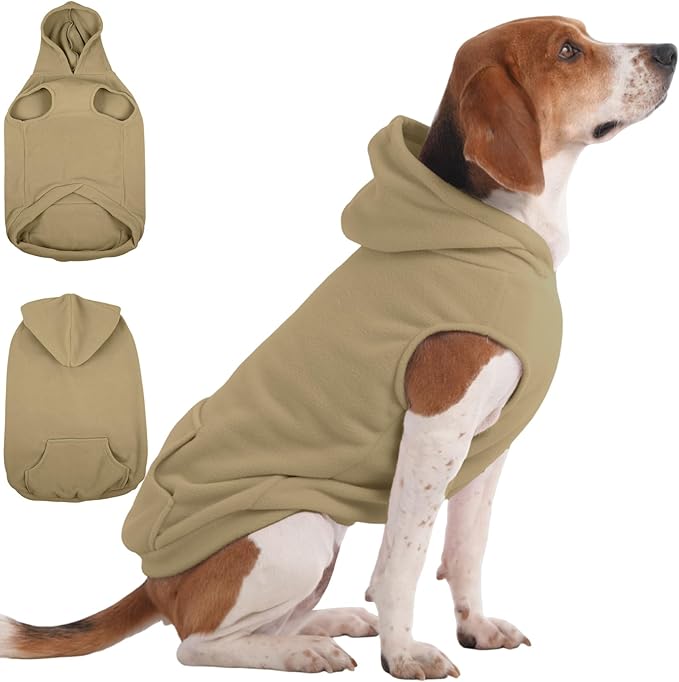 IECOii Dog Hoodie for Medium Dogs, Warm Fleece Dog Hoodies Sweater with Leash Hole and Pocket, Cozy Dogs Cold Weather Coat for Fall Winter Hooded Sweatshirt Vest for French Bulldog, Khaki, L