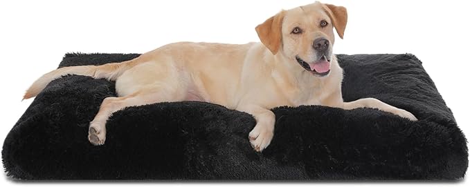 Bedfolks Waterproof Crate Bed, Plush Dog Kennel Pad with Removable Cover, Faux Fur, Fluffy Washable, 47"x29", Black