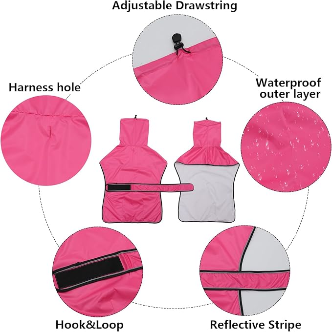 Dog Raincoat with Reflective Bar, Rain/Water Resistant, Adjustable Vest - Dog Raincoats for Greyhounds, Lurchers and Whippets - Pink - M