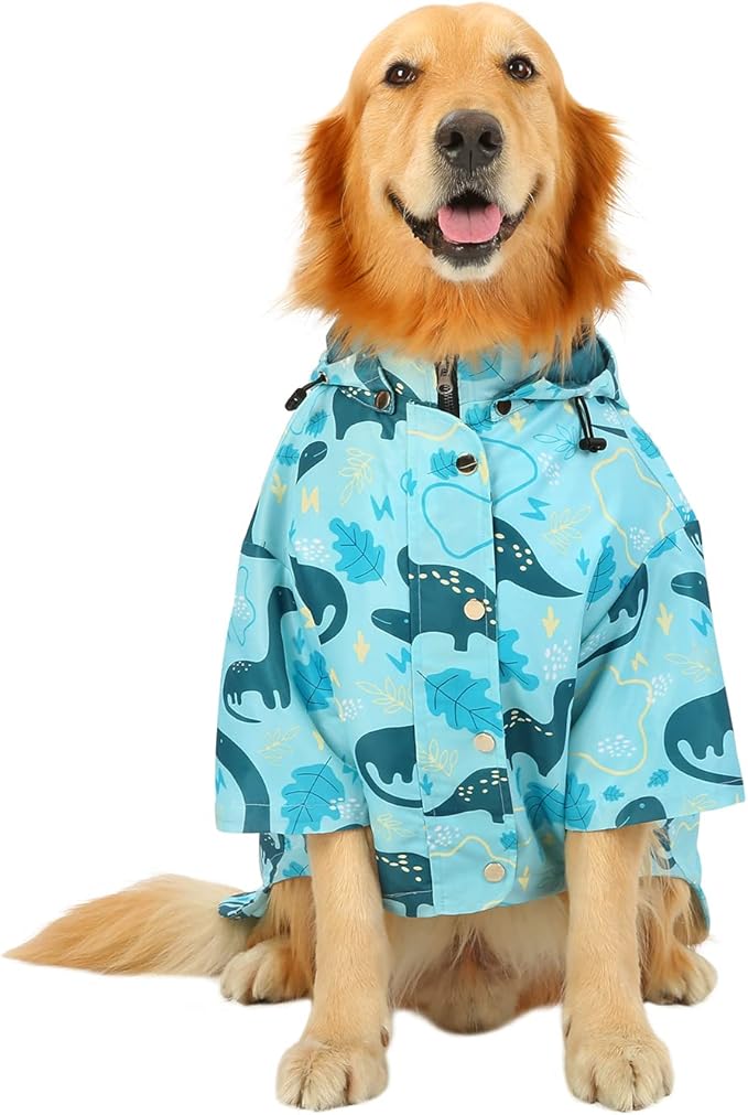 HDE Dog Raincoat Poncho Double Layer Zip Rain Jacket with Removable Hood, Leash Hole for Small to 3XL Dogs and Puppies Dinosaurs - XL