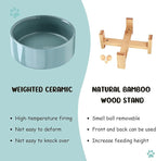 SPUNKYJUNKY 15° Slanted Ceramic Dog and Cat Bowl with Wooden Stand, Tilted Bulldog Food and Water Bowl No Slip Non-Spill for Cats Medium Dogs Big Face Pets 28.7 OZ (3.6 Cups, Light Green)