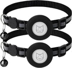 2 Pack Airtag Cat Collar with Bell, Reflective Nylon Kitten Collar with Apple Air Tag Holder and Breakaway Safety Buckle for Puppy Girl Boy Cats, 3/8" in Width and Lightweight, Black