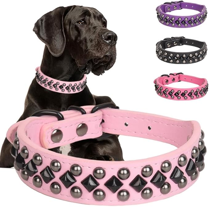 Serijoars Spiked Studded PU Leather Dog Collar for Small, Medium, Large Breeds, Pit Bull, Bully, Husky, Terrier, Adjustable (Pink, M (32-38CM))