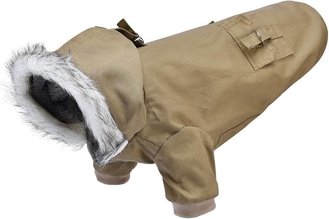 Warm Dog Hooded Trench Coat Windproof Parka Jacket for Cold Weather (M, Khaki)