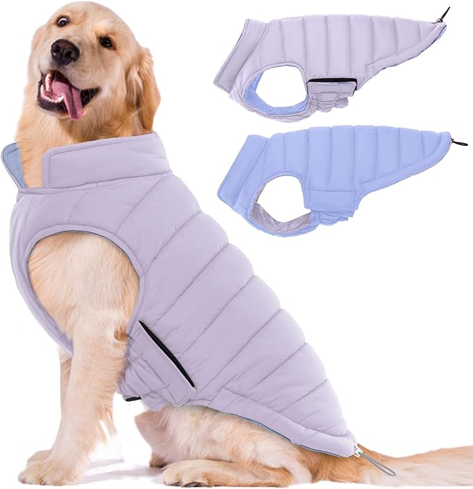 Lelepet Reversible Dog Coat Waterproof Dog Jacket Windproof Puffer Vest for Winter Warm Lightweight Coats for Medium Dogs Adjustbale Hook & Loop Pet Apparel with Leash Hole, French Bulldog, Purple L