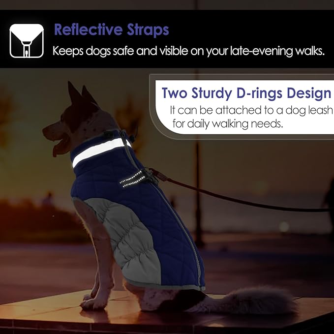 AOFITEE Dog Coat, Warm Dog Winter Coat, Reflective Turtleneck Large Dogs Jacket with Harness Built in, Turtleneck Pet Winter Jacket, Waterproof Pet Snow Jackets Fleece Vest, Blue XL