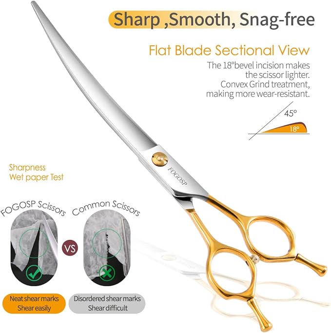 Curved Dog Grooming Scissors Professional 7" Grooming Shears for Dogs Pet Right Handed Groomer Japan 440C Stainless Steel (7 in Curved, Gold)