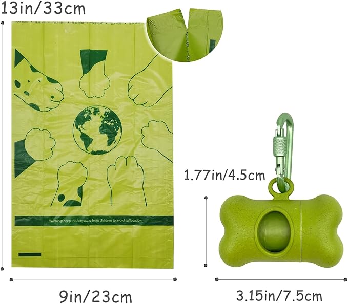 Bone-Shaped Dog Poop Bag Holder for Leash |Dispenser with 15 Leak-Resistant Waste Bags & Carabiner Clip(Green)