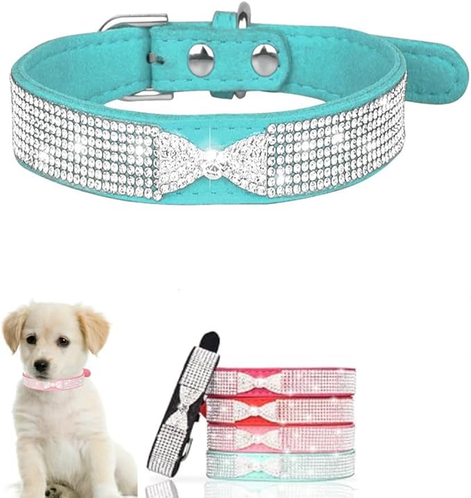 Serijoars Small Dog Collar with Rhinestone Crystal Diamond Colorful Bling Girl Puppy Cat Collars (L, Light Blue3)